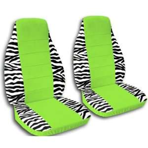  2 White and black zebra seat covers with a lime green 