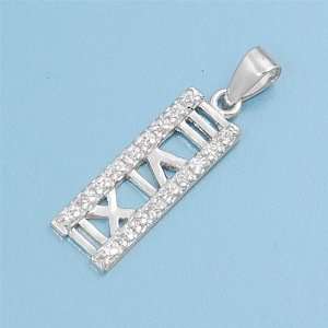 Sterling Silver Pendant   Roman Numerals   Clear Cubic Zerconia   19mm 