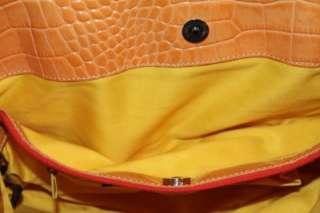 PRAGUE Orange Nylon W/ Tan/Camel Croc Embossed Stud Leather Trim 