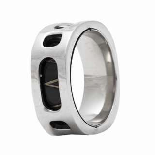 Roman Numerals on Black Stainless Steel Band Mens Ring  