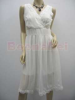 White Chiffon Embroidered Hem Dress wtih Belt S D045  