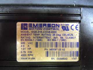 Emerson servo motor MGE 316 CONS 0000 240v 1 hp 4000rpm  