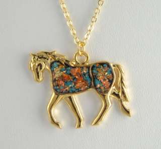 Rainbow Flake 14k Gold Plated Turquoise Horse Necklace Jewelry  