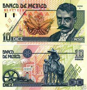 Mexico $ 10 Pesos E Zapata May 06, 1994, UNC W5921009.  