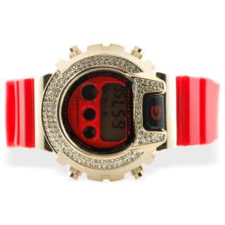 SUPER Iced out GOLD COLOR CASE SHOCK watch w/ RED Band  