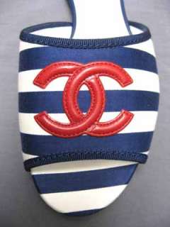 Red CC Logo Blue Wht Stripe Chanel Slide Flats 38.5  