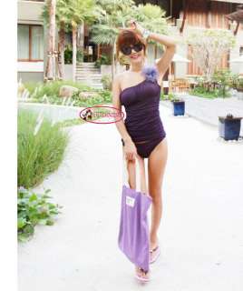 Trendy Purple One Shoulder Ruched Top Tankini Set Swimsuit Bathing 