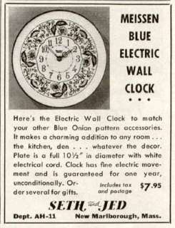 1964 MEISSEN BLUE ELECTRIC WALL CLOCK AD BY SETH & JED  