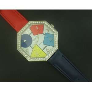  JACOB LOOK HEXAGON WHITE FACE red/blk BAND WATCH 