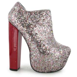 LADIES SILVER GLITTER PARTY BLOCK HEEL PLATFORM WOMENS PARTY BOOTS 