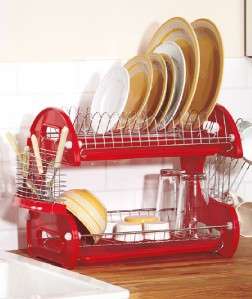 NEW 2 Tier Deluxe Red Dish Drainer Strainer Drying Rack  