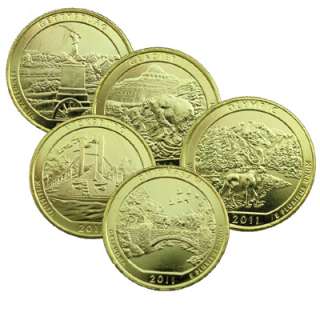 2011 Set of Five 24 Kt Gold Plated State Quarters (P) Mint.