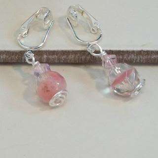 Clip on earrings pink givre bead n crystal dangles NWOT  
