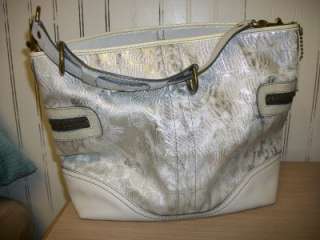   Signature Silver/Cream Shoulder Purse Tote Bag 2183 Leather Trim Used
