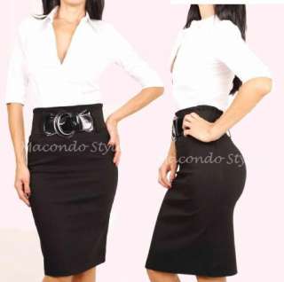 Career Fitted Long High Waist Knee Pencil Skirt Belted  
