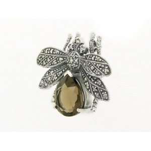  925 Silver Marcasite & Smokey Quartz Bee Brooch Jewelry