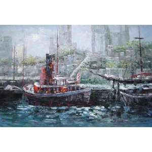  Boats on City Port Oil Painting 24 x 36 inches