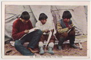 Postcard~Eskimo Boys Carving Ivory, Alaska. Description Original 