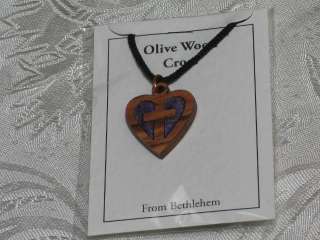 Olive Wood Inlay Delicate Heart Cross Pendant Necklace Bethlehem Holy 