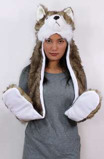 New Wolf Husky Animal Full Hood Scarf Mittens Faux Fur Unisex Hat 
