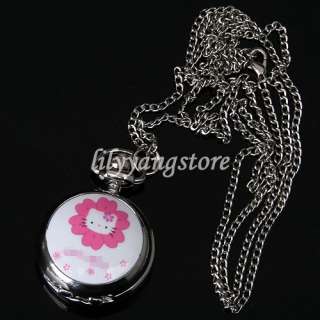   Kitty Case Pandent Quartz Pocket Watch Necklace Chain Stainless  