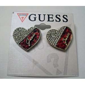  Guess Red Heart Studs with Rhinestones Earrings 