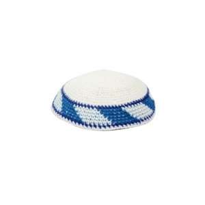  White Knitted Kippah with Blue Stripes and Lines 