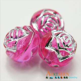 50g/200pcs Fuschia Silver Rose Charm Acrylic Bead bso1  