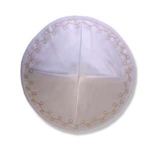  Satin Kippot White with Gold Embroidered Wave Trim. Sold 6 
