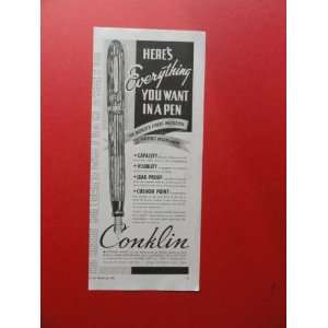 Conklin Nozac Pens, 1937 print ad (big pen.) Orinigal Magazine Print 
