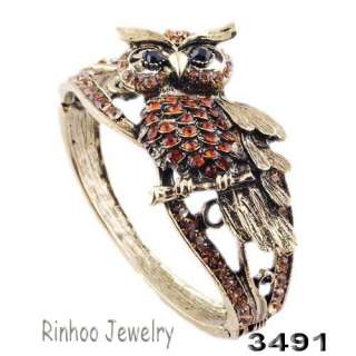 6p Owl Antique Bronze Plated Rhinestone Cuff Bracelets  