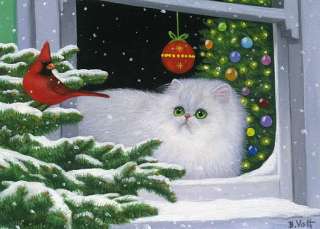 White persian cat cardinal bird winter snow Christmas limited edition 