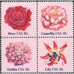 AMERICAN FLOWERS ~ ROSE ~ CAMELLIA ~ DAHLIA ~ LILY #1879a Block of 4 x 