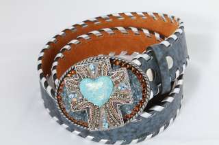 Whimsical Originals Blue Leather Belt Chunky Stone Heart Cross Buckle