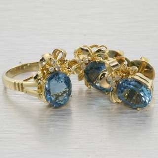 Stunning Edwardian 14k Yellow Gold Blue Topaz Diamond Ring Earring Set 