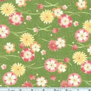  45 Wide Pearl River Flowers Pink Coral/Wasabi Fabric By 