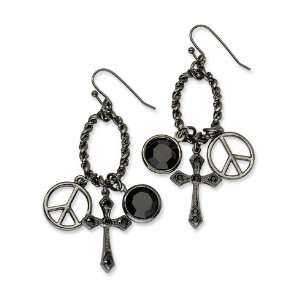Black plated Twisted Oval with Peace Symbol Cross and Black Crystal 