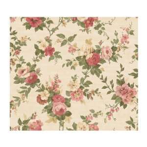   Vintage Rose Prepasted Wallpaper, Cream/Pink/Red