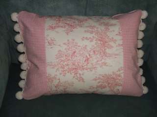 Adorable Pink Baby Children Toile Pillow Pompom Fringe  