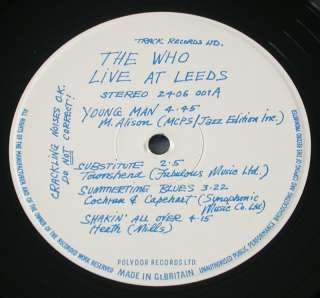 The Who Live At Leeds UK 1st pressing LP on Track Records. Virtually 