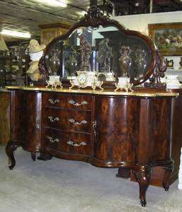 Antique French Burl Walnut Marble Top Buffet With Beveled Mirror 