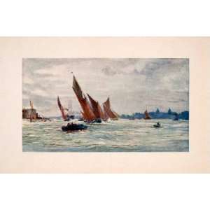 1905 Print Greenwich Hospital Thames Barge London Royal Naval College 