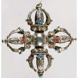  Vishva Vajra Pendant with Coral and Turquoise   Sterling 