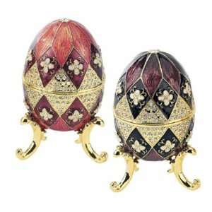  Harlequin Faberge Style Enameled Egg Set Black & Mauve 