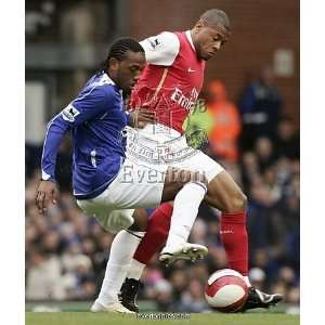 Evertons Fernandes challenges Arsenals Baptista for the ball during 