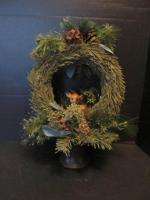 Vintage CHRISTMAS WREATH Primitive Reindeer Basket Holly Pine cones 