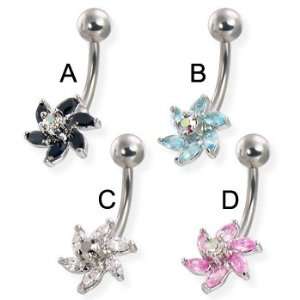  6 petal flower with raised center gem belly button ring 