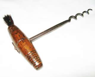 Antique rare iron and wood corkscrew w/ brush  