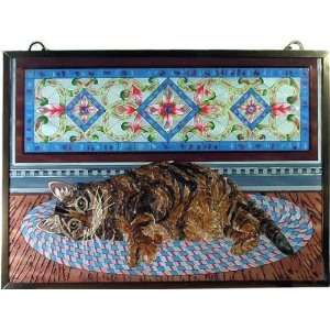   Cat Painted Stained Art Glass Hanging Window Panel Patio, Lawn