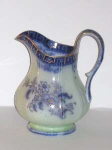 Beautiful Early Antique Flow Blue China Pitcher Greek Key Floral Gold 